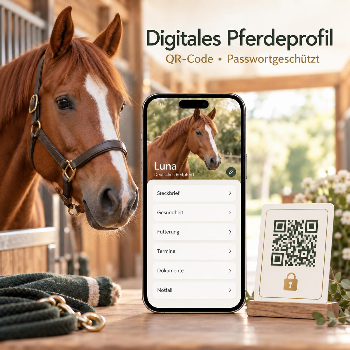 Digitales Pferdeprofil mit QR-Code und Passwortschutz