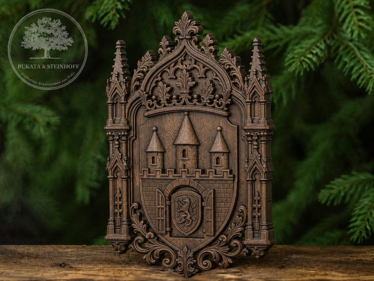 Lüneburg Wappen aus Holz – Stadtwappen als Wanddekoration – Relief mit Löwe und Stadttor – Geschenk für Lüneburg-Fans