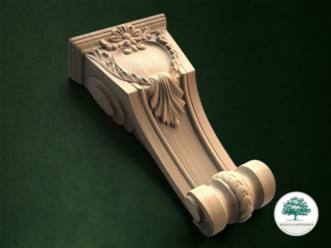 A wooden ornate bracket with intricate carvings and a floral design, displayed against a dark green background.