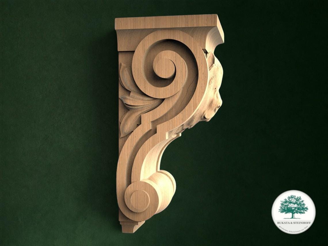a carved wooden bracket with an intricate scroll design, set against a dark green background.
