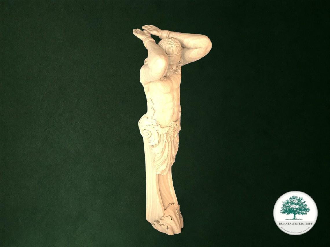 A 3D rendering of a statue of a man with his arms raised, set against a dark green background.