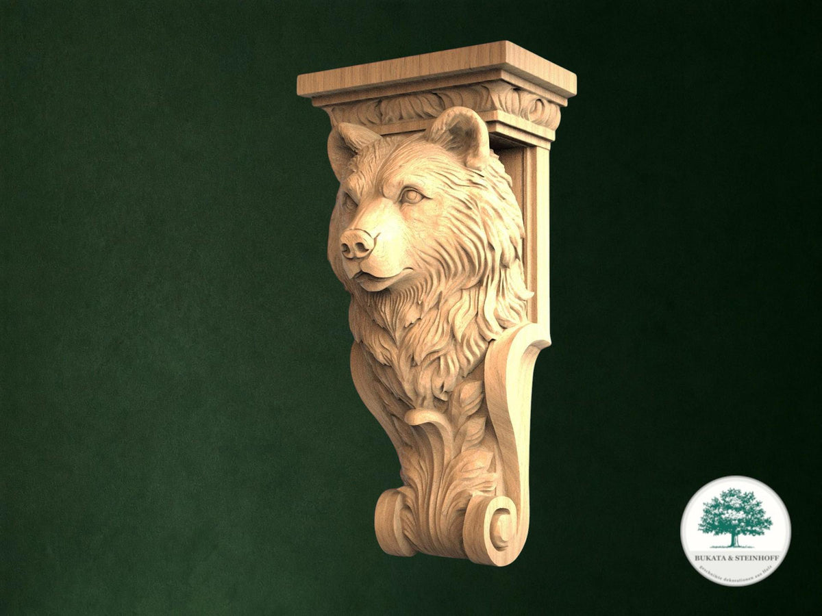 A carved wooden bear head is displayed against a dark green background.