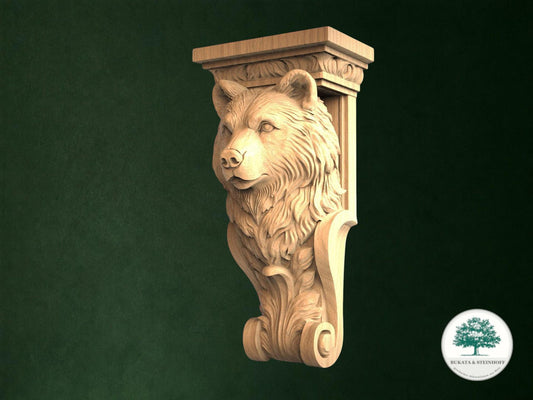 A carved wooden bear head is displayed against a dark green background.