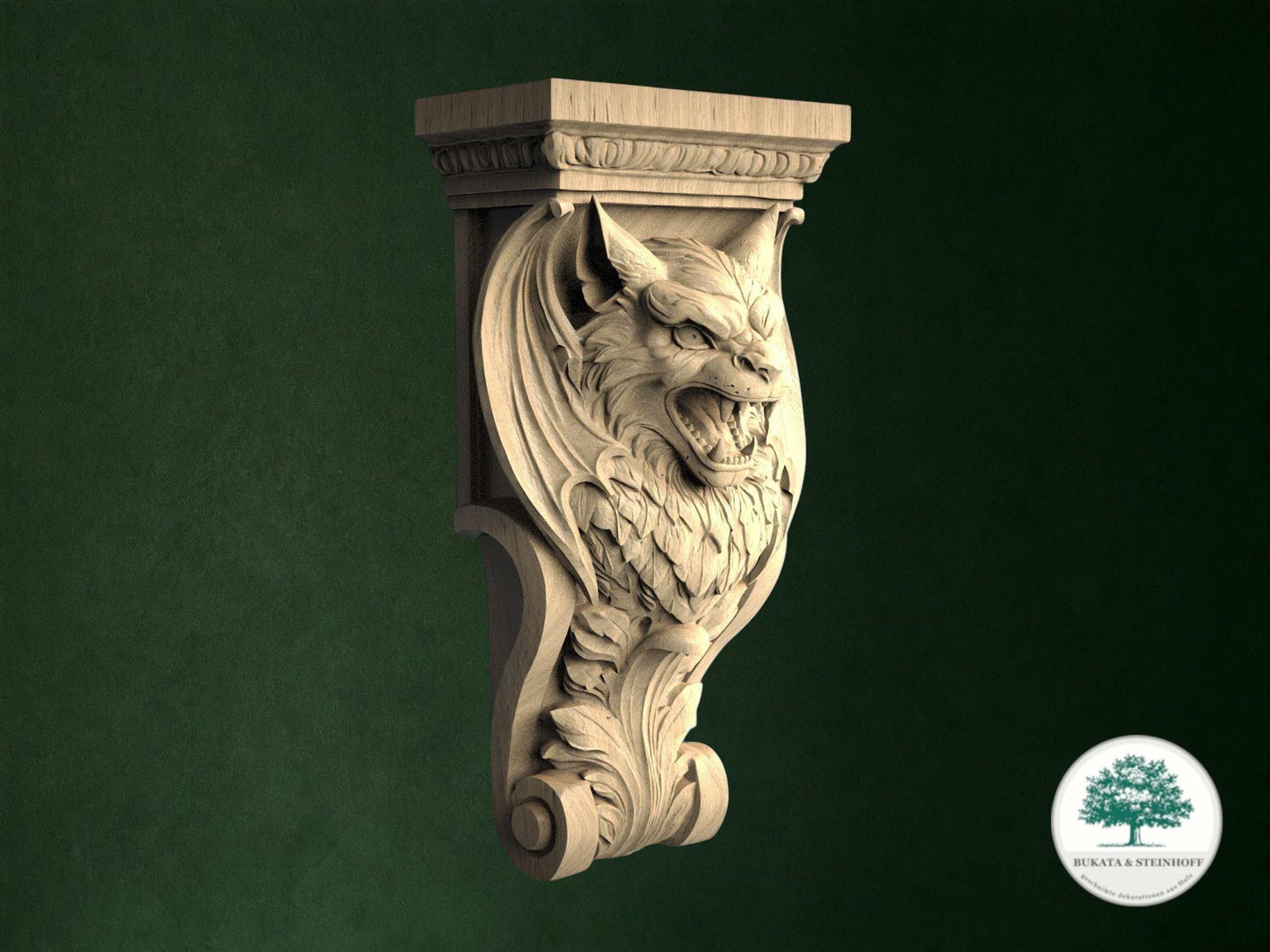 a carved stone lion head on a green wall.