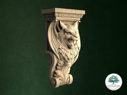 a carved stone lion head on a green wall.