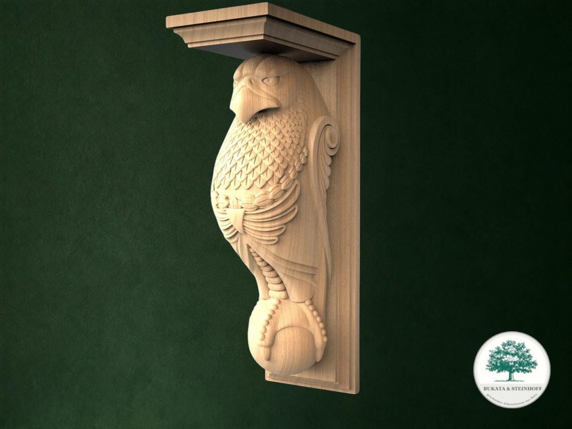 A wooden carving of a bird, possibly a parrot, is mounted on a wall.