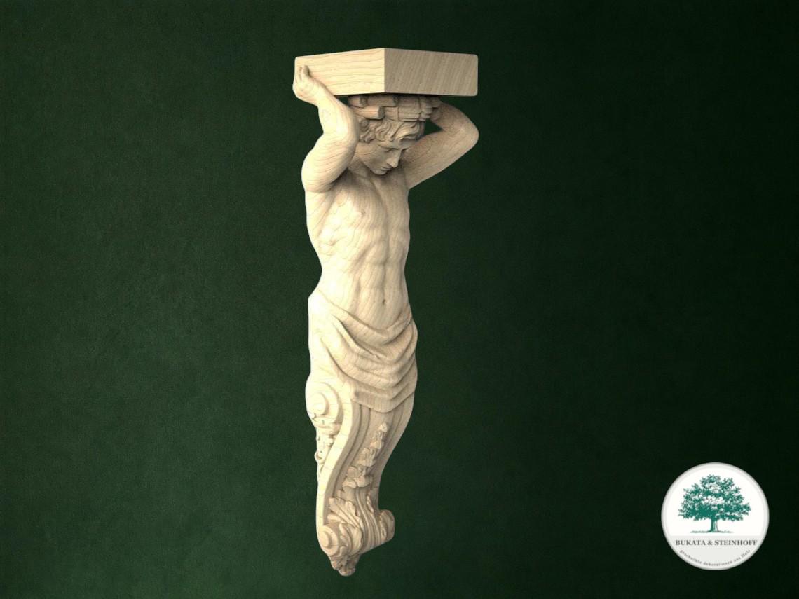 A carved wooden sculpture of a man holding a rectangular object, possibly a book, on his head.