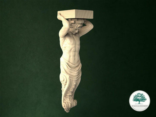 A carved wooden sculpture of a man holding a rectangular object, possibly a book, on his head.
