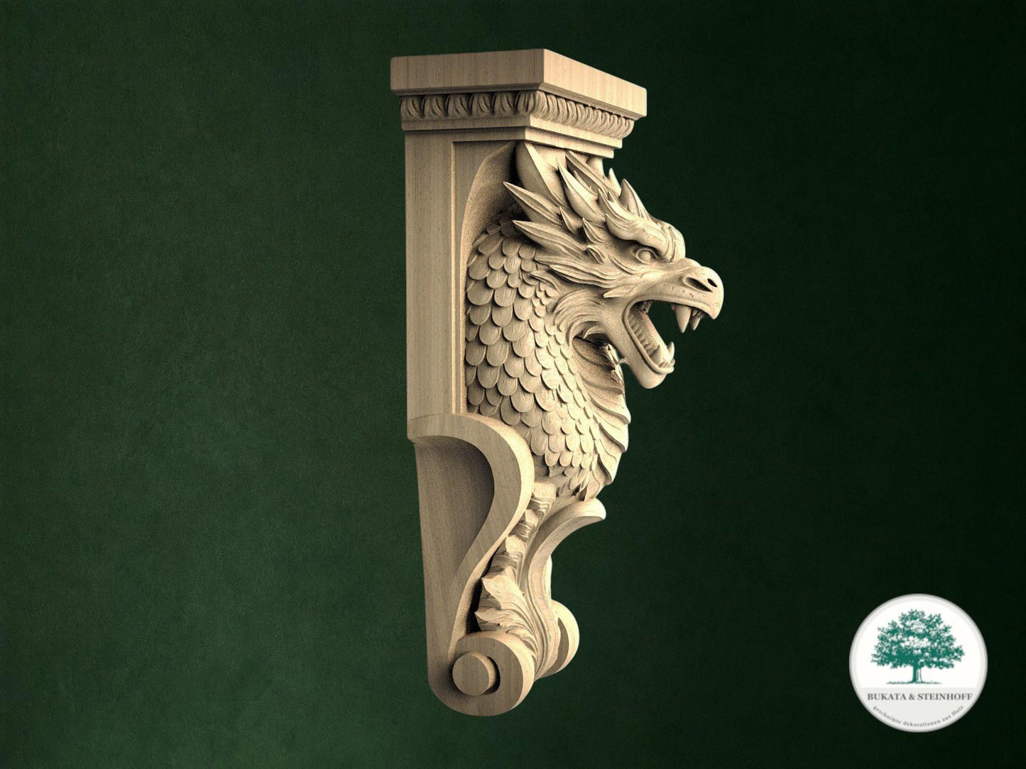 A carved wooden dragon head with a fierce expression is displayed against a dark green background.