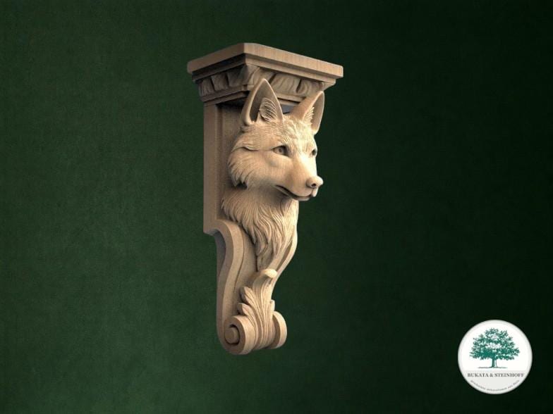 A carved wooden sculpture of a fox's head mounted on a wall, with a green background.