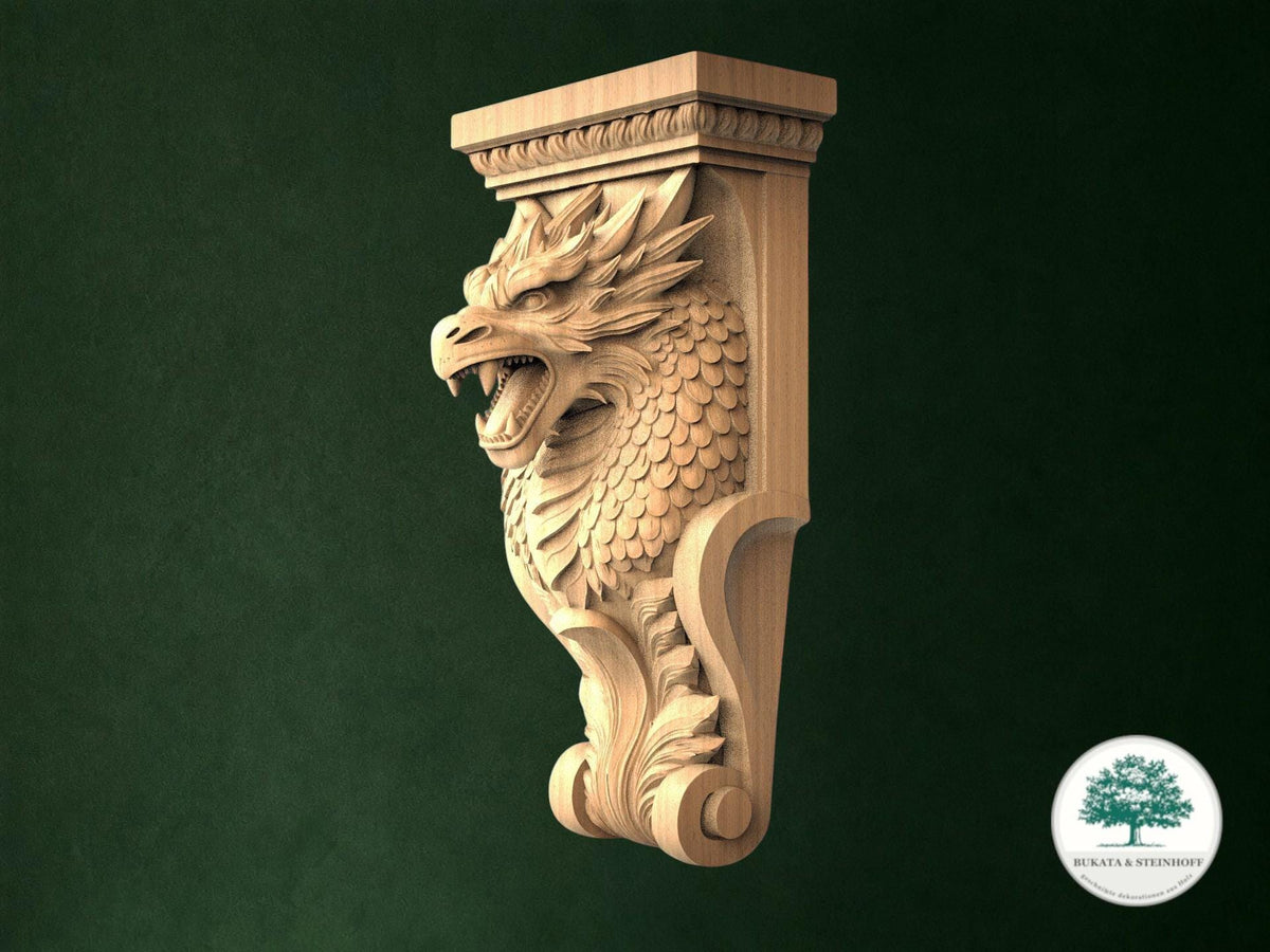 A carved wooden dragon head with a crest and scroll design, mounted on a green wall.