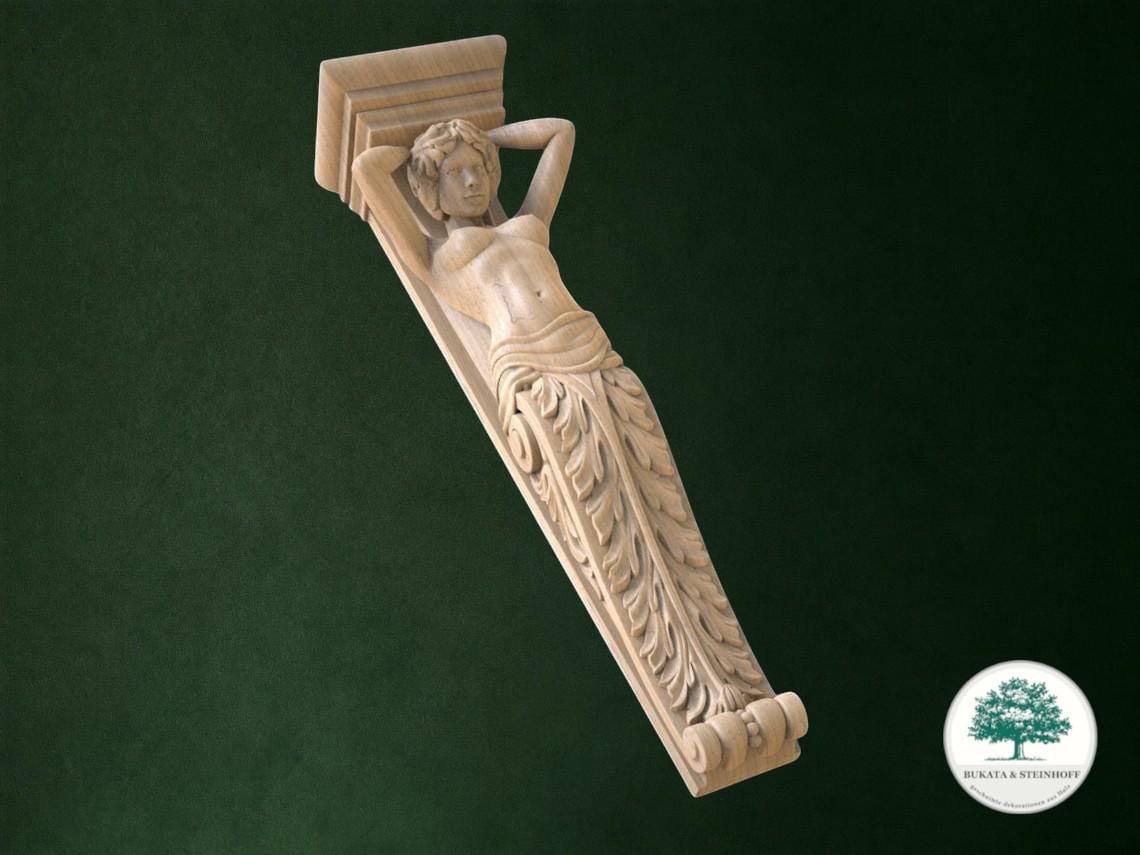 A carved wooden sculpture of a woman with her arms resting on a column, set against a dark green background.