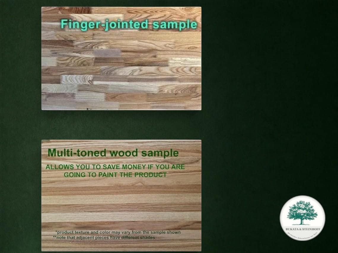 The image is a collage of two wooden samples, one labeled as a "Finger-joined sample" and the other as a "Multi-toned wood sample". The text on the samples provides information about the wood samples, including that they allow for cost savings when painting the product, and that the product texture and color may vary from the sample shown.