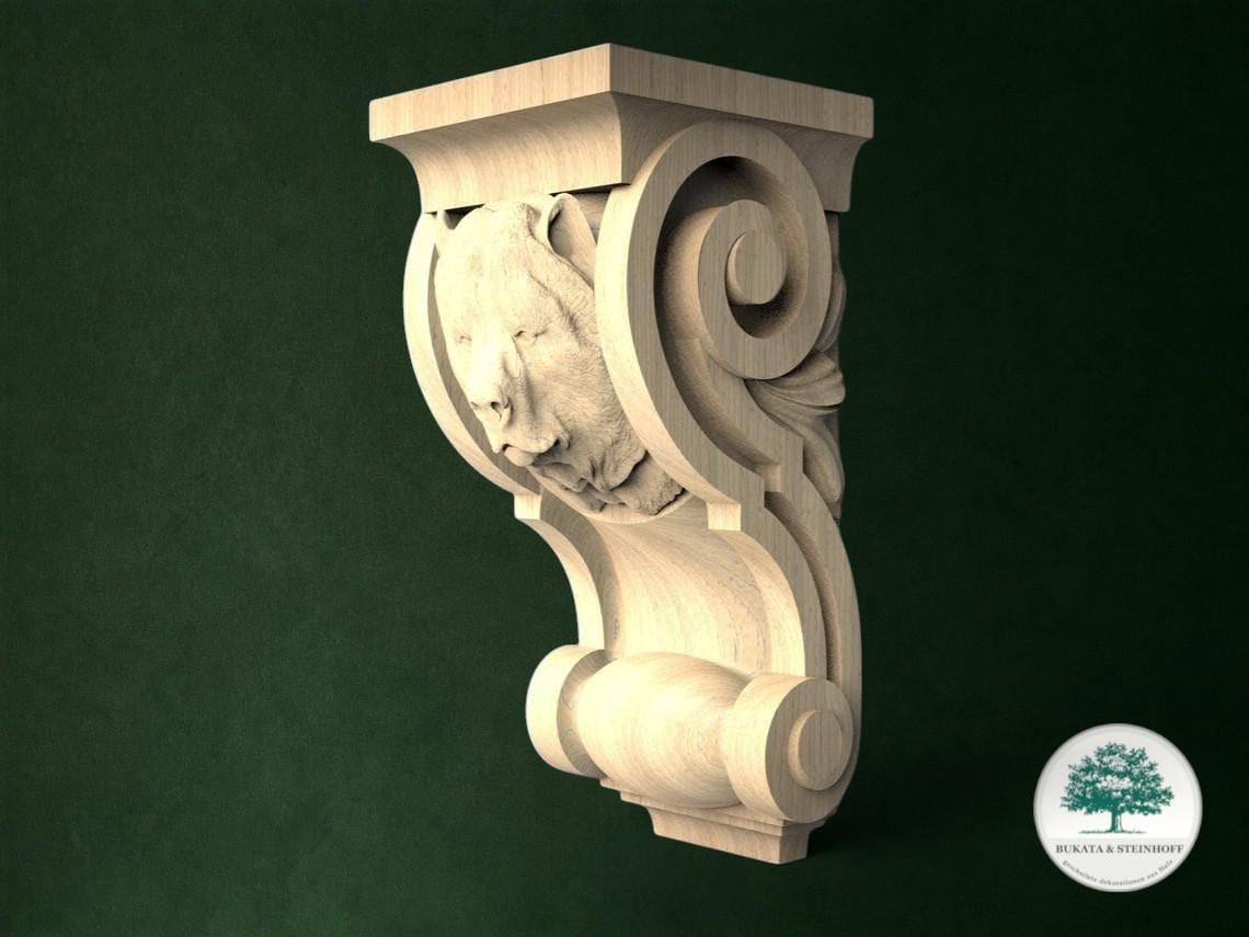 A carved wooden bracket with a lion's head design, set against a dark green background.
