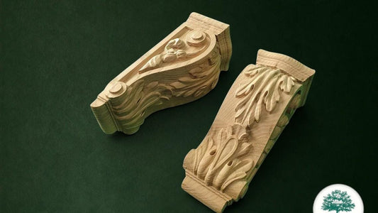 two intricately carved wooden pieces, likely made of wood, displayed against a dark green background.