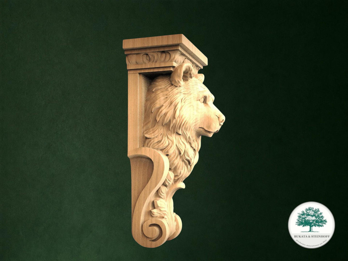 A carved wooden lion's head is displayed against a dark green background.