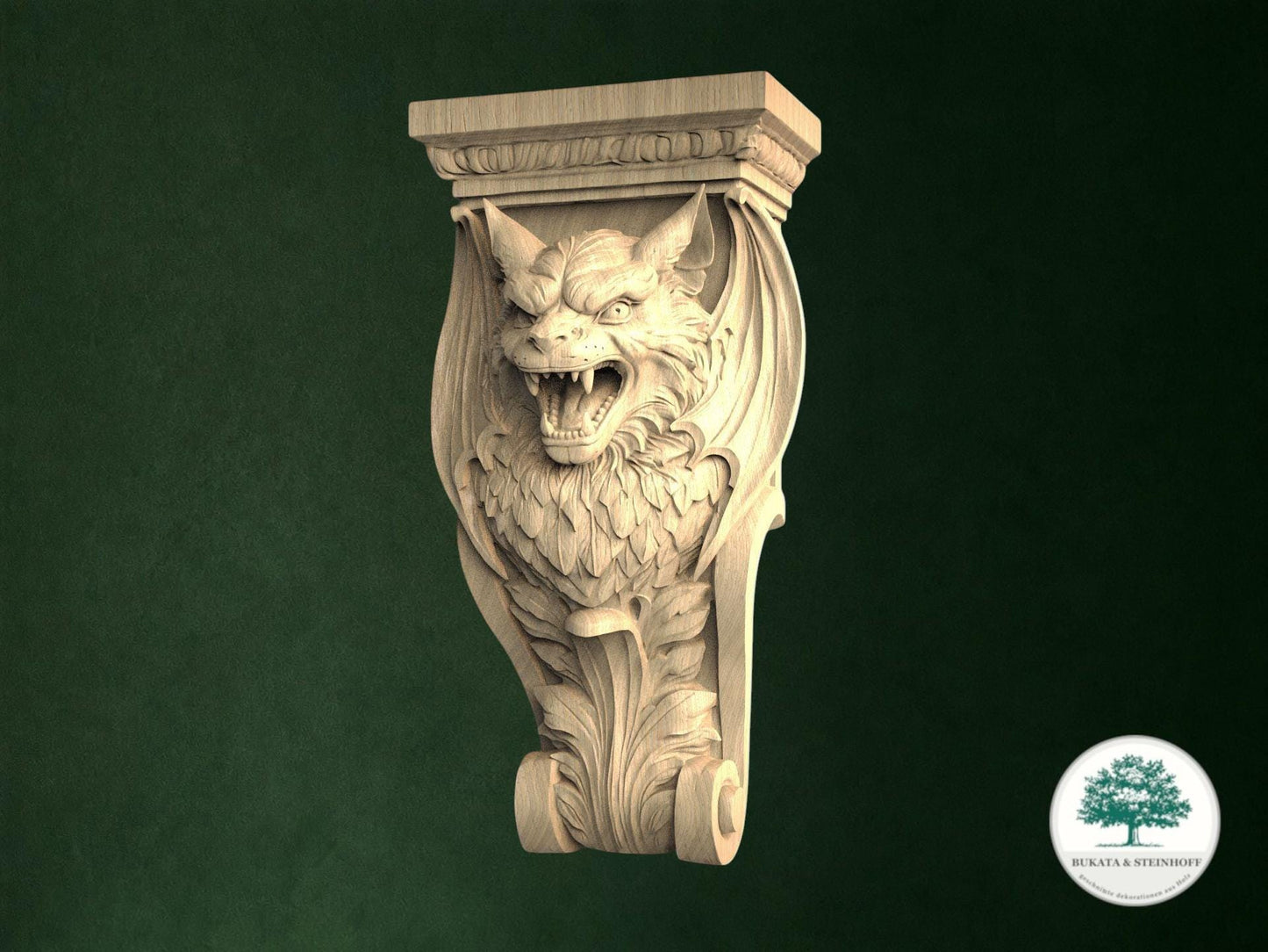 A carved stone bat-like figure with a fierce expression, mounted on a decorative wooden structure against a dark green background.