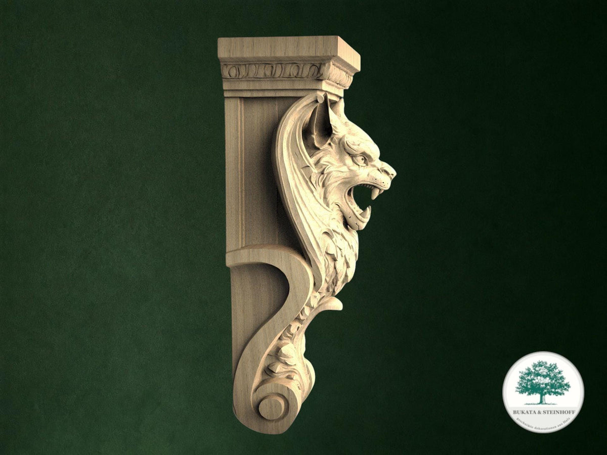 a carved wooden lion's head on a green wall.