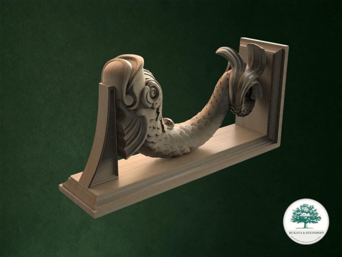 A wooden sculpture of a fish or sea creature, possibly a mermaid or sea witch, displayed on a wooden stand against a dark green background.