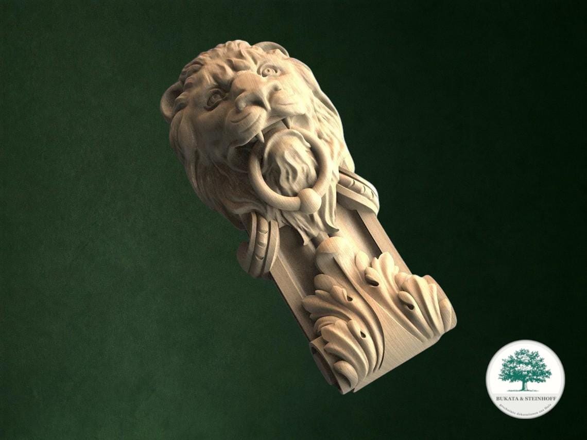 A carved wooden lion head with a ring around its neck, set against a dark green background.