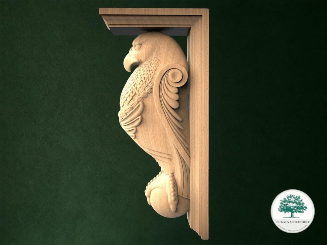 A wooden carving of a bird, likely a parrot, is mounted on a wall.