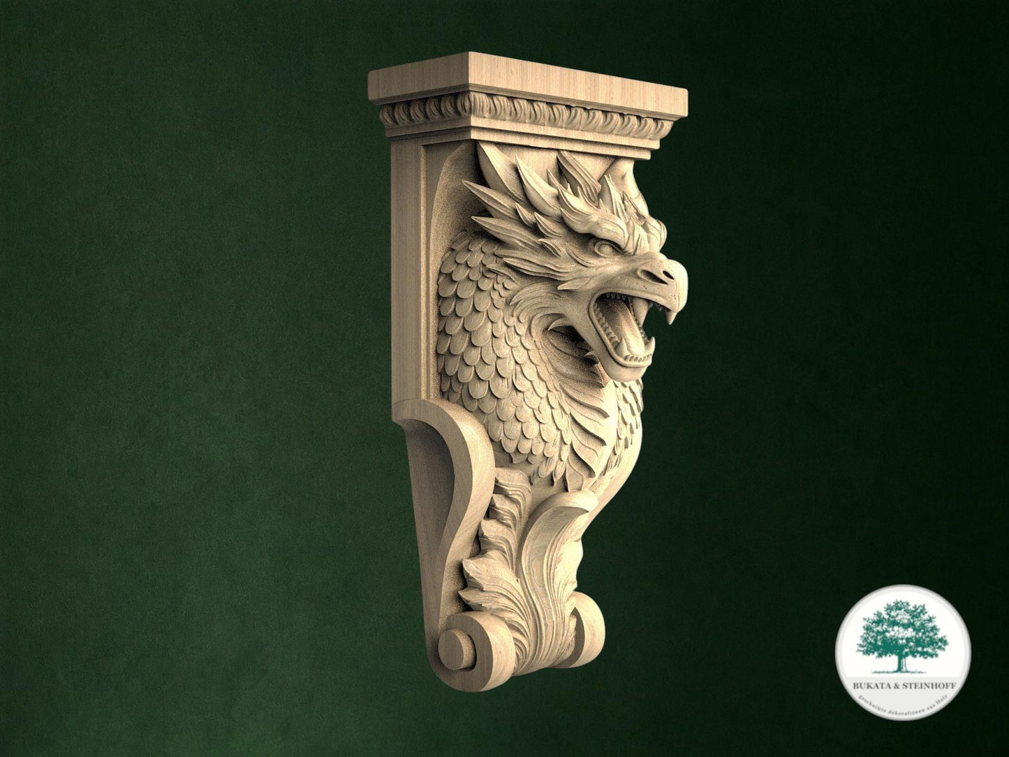 A carved wooden dragon head with a carved mouth and wings, displayed against a dark green background.