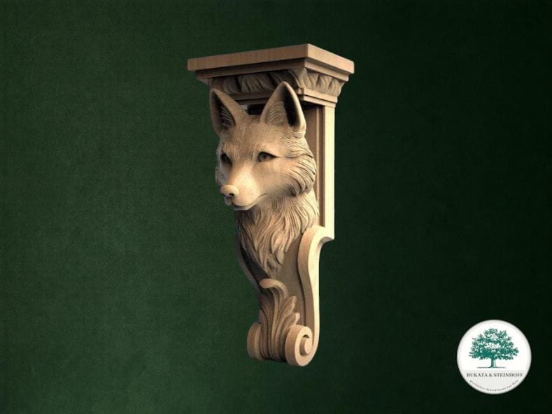 A carved wooden sculpture of a fox's head mounted on a wall, with a green background.