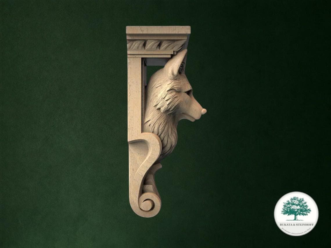 A carved wooden shelf or bracket in the shape of a fox's head, with intricate details and a scroll-like design, set against a dark green background.