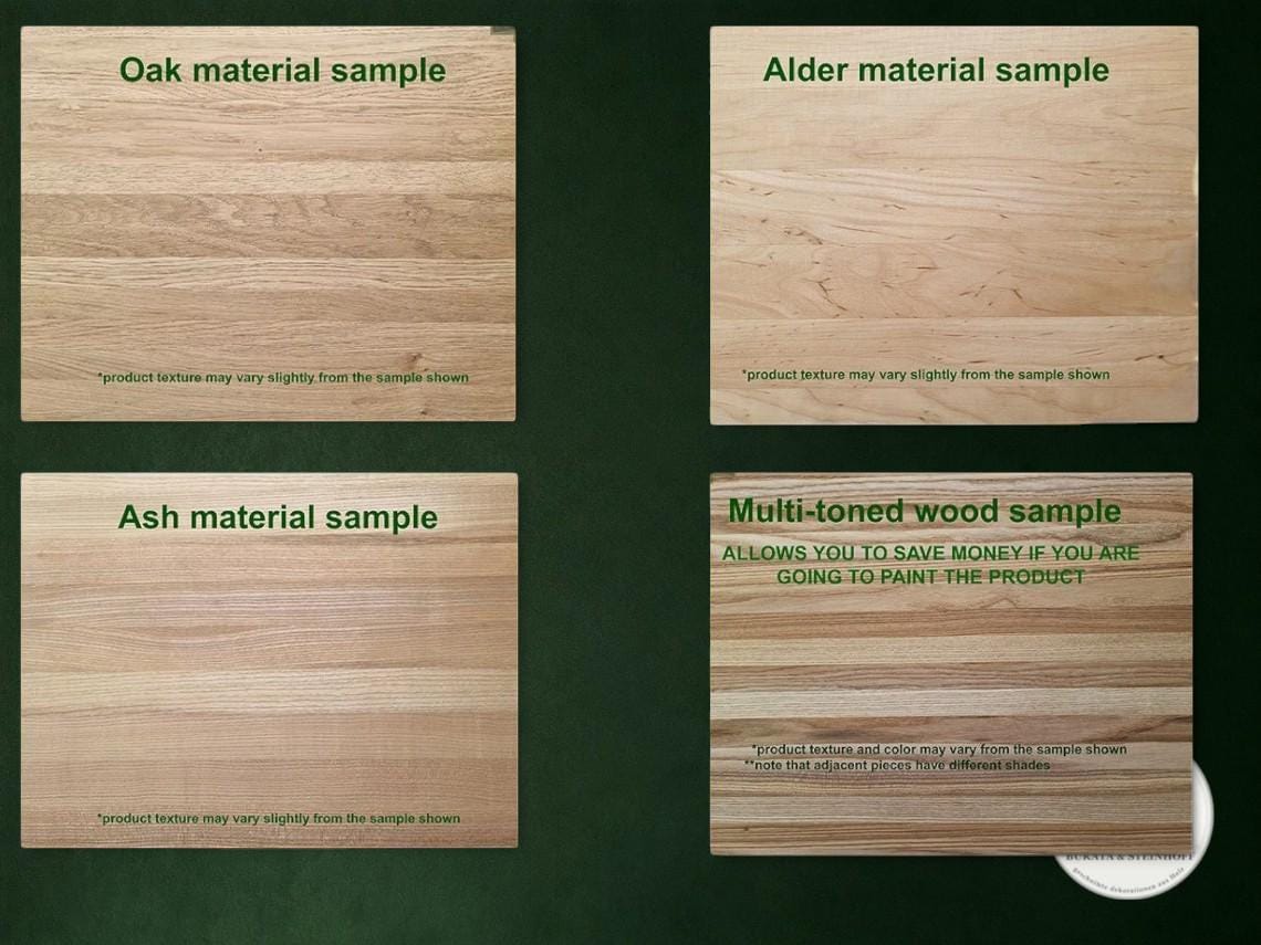 four different types of wood samples, each with a label indicating the type of wood used. The labels include "Oak material sample", "Alder material sample", "Ash material sample", and "Multi-toned wood sample". The labels provide information about the product texture and color, stating that the product texture and color may vary from the sample shown, and that the product texture and color may vary from the sample shown.